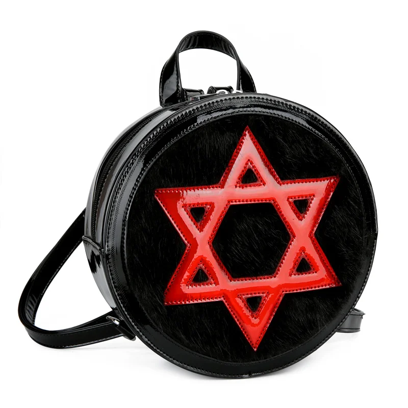 Bag Factory Custom Red Pentacle Design goth Purse Round Shape Black Dark Style Backpack