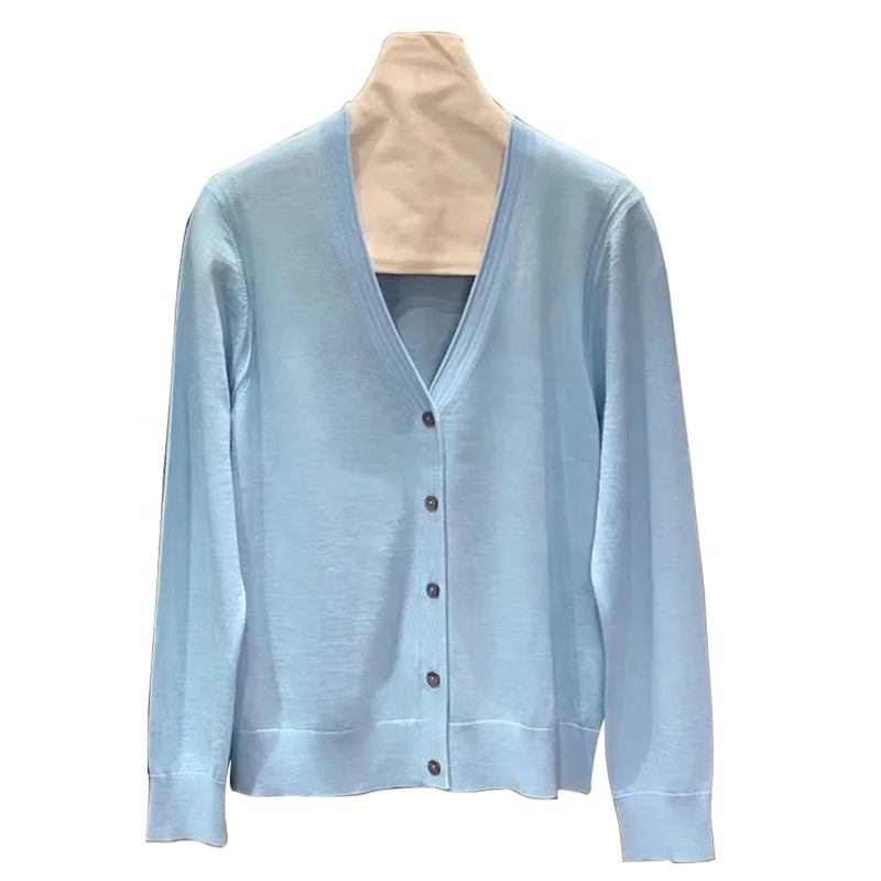 YT New Spring Custom Wool For Biella Yarn Camel V- neck Design Plaid Sweater Women Knitted Cardigan