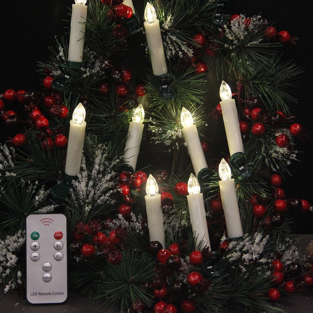 Set of 10 Remote Control Plastic witchcraft Christmas Tree Decorative White LED Taper Light Candles 10 Pieces with Clip