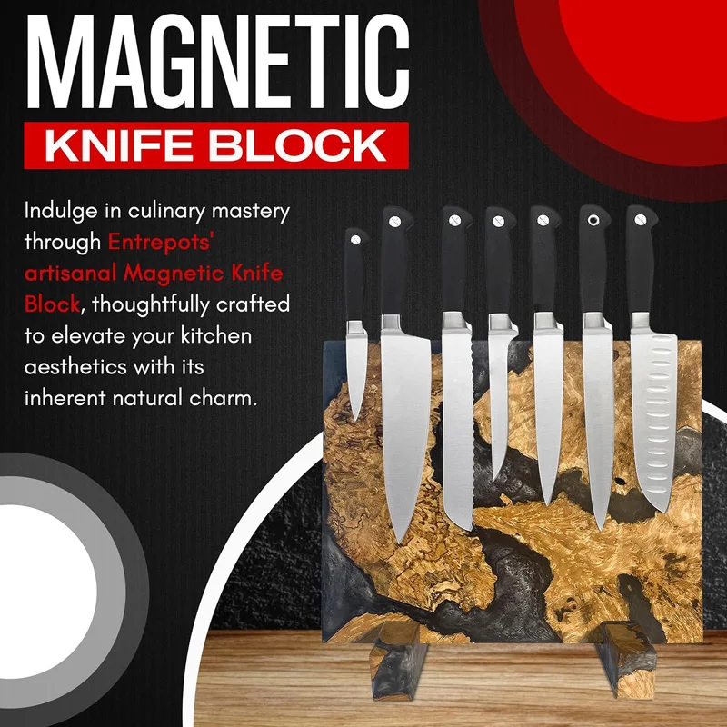 Natural Wood Blend Large Magnetic Knife Block Universal Epoxy Resin Wooden Magnetic Knife Holder Knives Storage Rack
