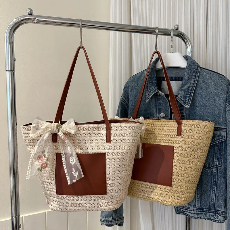 Straw bag women 2024 new holiday large capacity beach bag woven vegetable basket Tote bucket bag