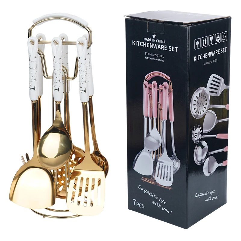 Gift Kitchen Cooking Tools Ceramic Handle Stainless Steel Gold Utensil Special Set With Storage Holder