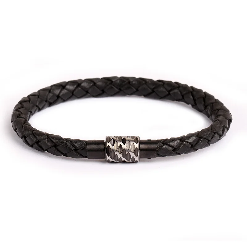 Classic style 6mm thin plain stainless steel braid black leather magnetic bracelets