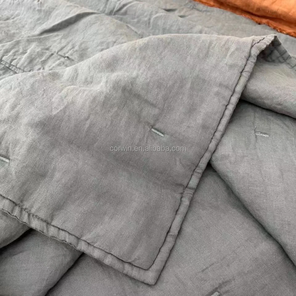 Stone-washed 100% Linen embroidery quilt Queen size high quality luxury Bedding Customized size and color Sustainable material