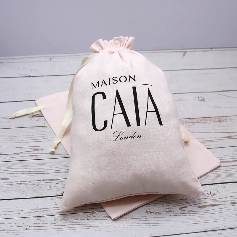 Eco-friendly Large Pink Muslin Bag Custom Logo Print Cotton Muslin Drawstring Pouch