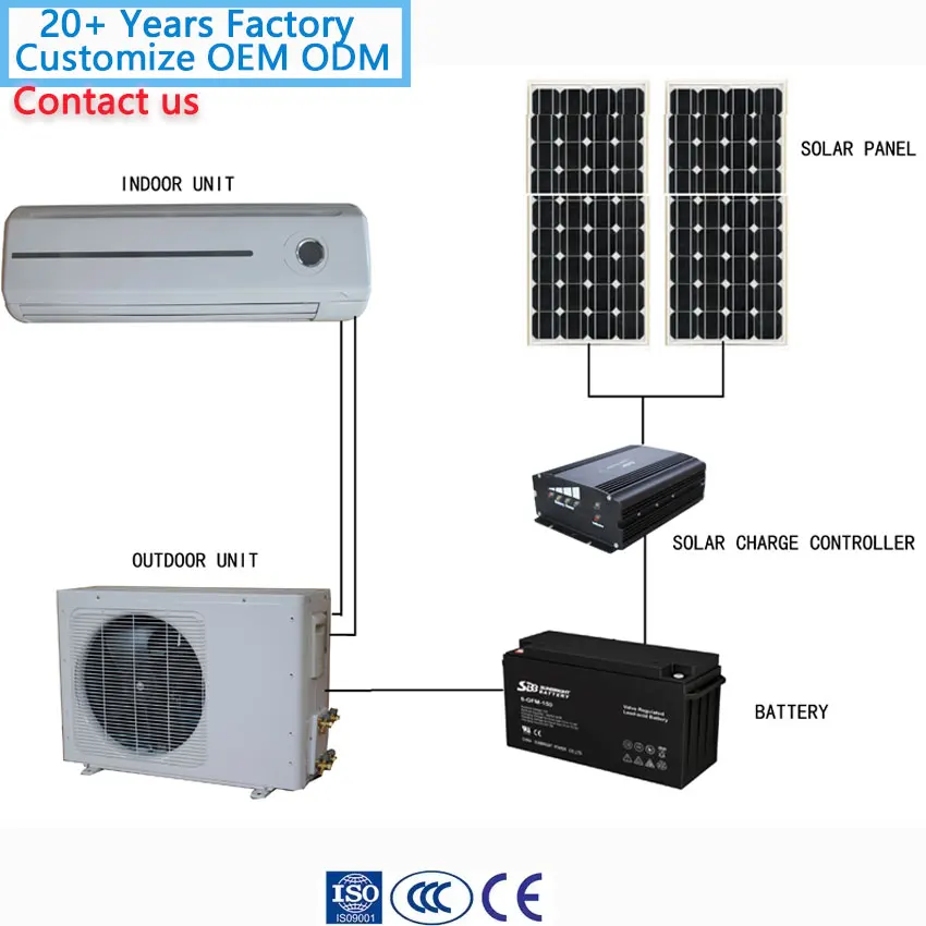 Off Grid PV ODM OEM Supplier System Hybrid Power Supply Hot Sale 9000 12000 18000 24000BTU AC DC 48V Solar Split Air Conditioner