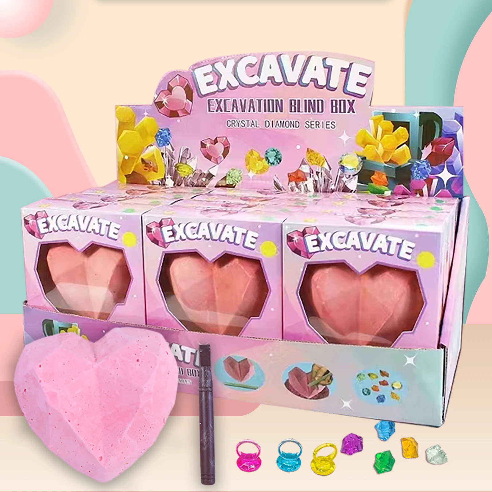 Wholesale Educational Archaeological Dig Kits for Girls Plastic Heart Gemstone Ring Cross-Border Princess Plaster Toys Children