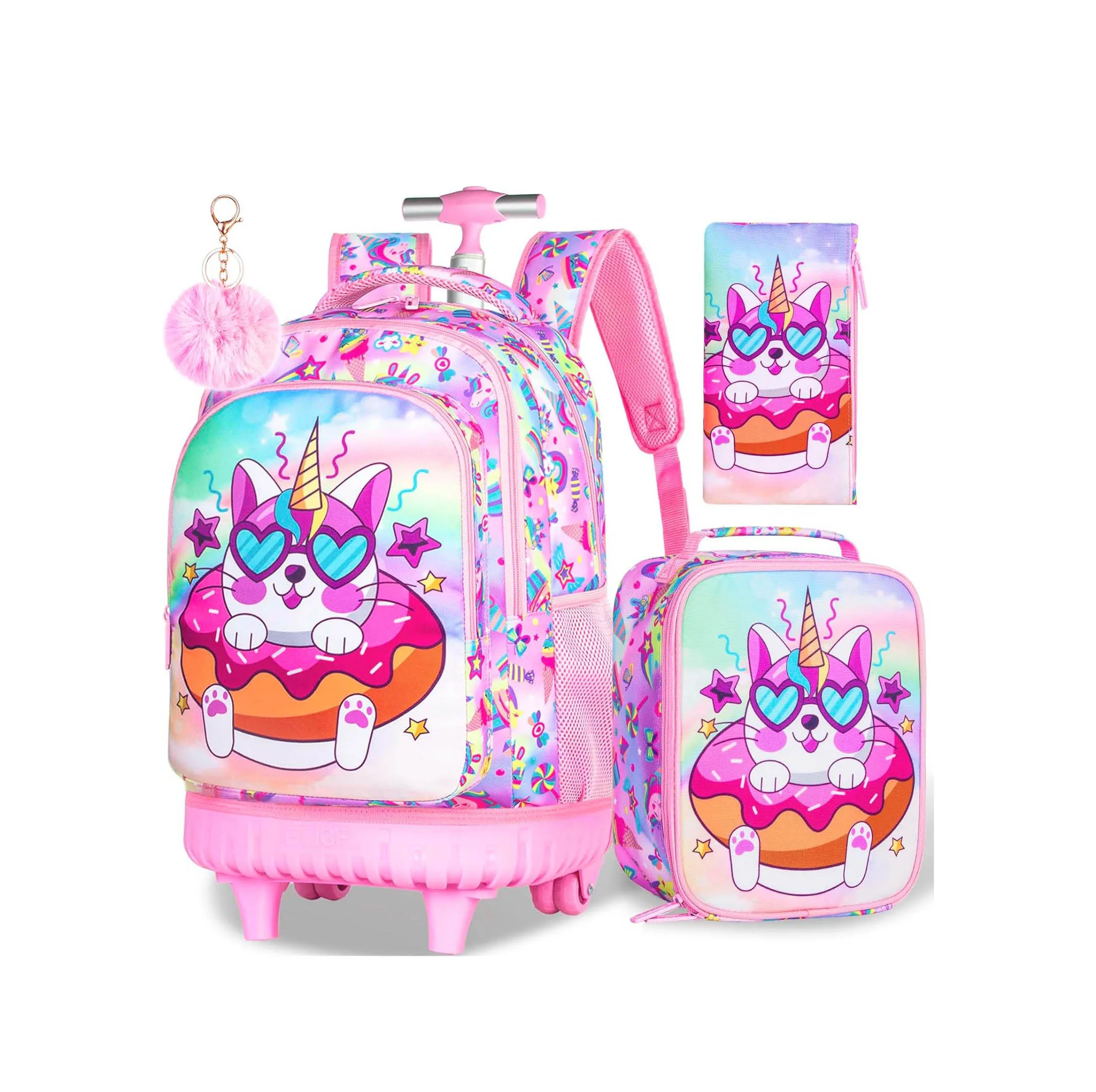 Latest Design Cartoon Rolling Backpack Large Capacity Girls Trolley Bag Lunch Bag Student 3 in 1 School Bag Sets for Girls