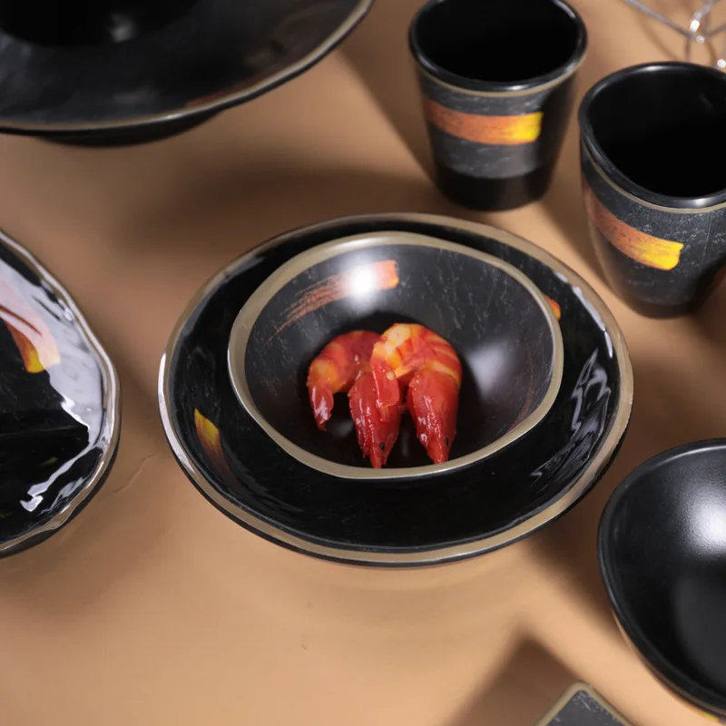 Wholesale Japanese style Matt black dinnerware sushi plate melamine dinner set for