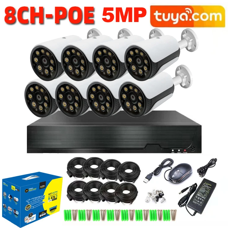 5MP Full Color Tuya POE 8CH Security Camera System H.265 NVR Metal Bullet CCTV Camera