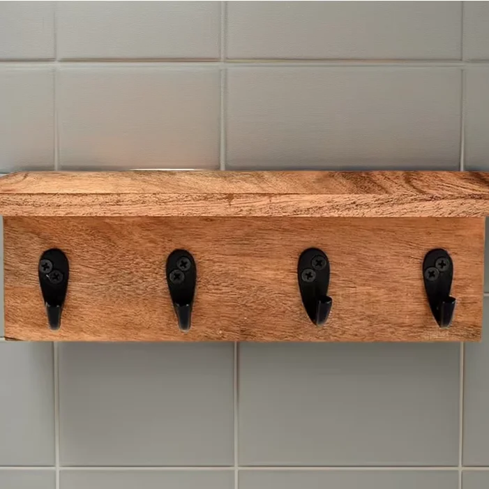 Acacia Wood Rustic Key Holder for Wall, Farmhouse Wall Shelf with 4 Hooks for Entryway Farmhouse Kitchen