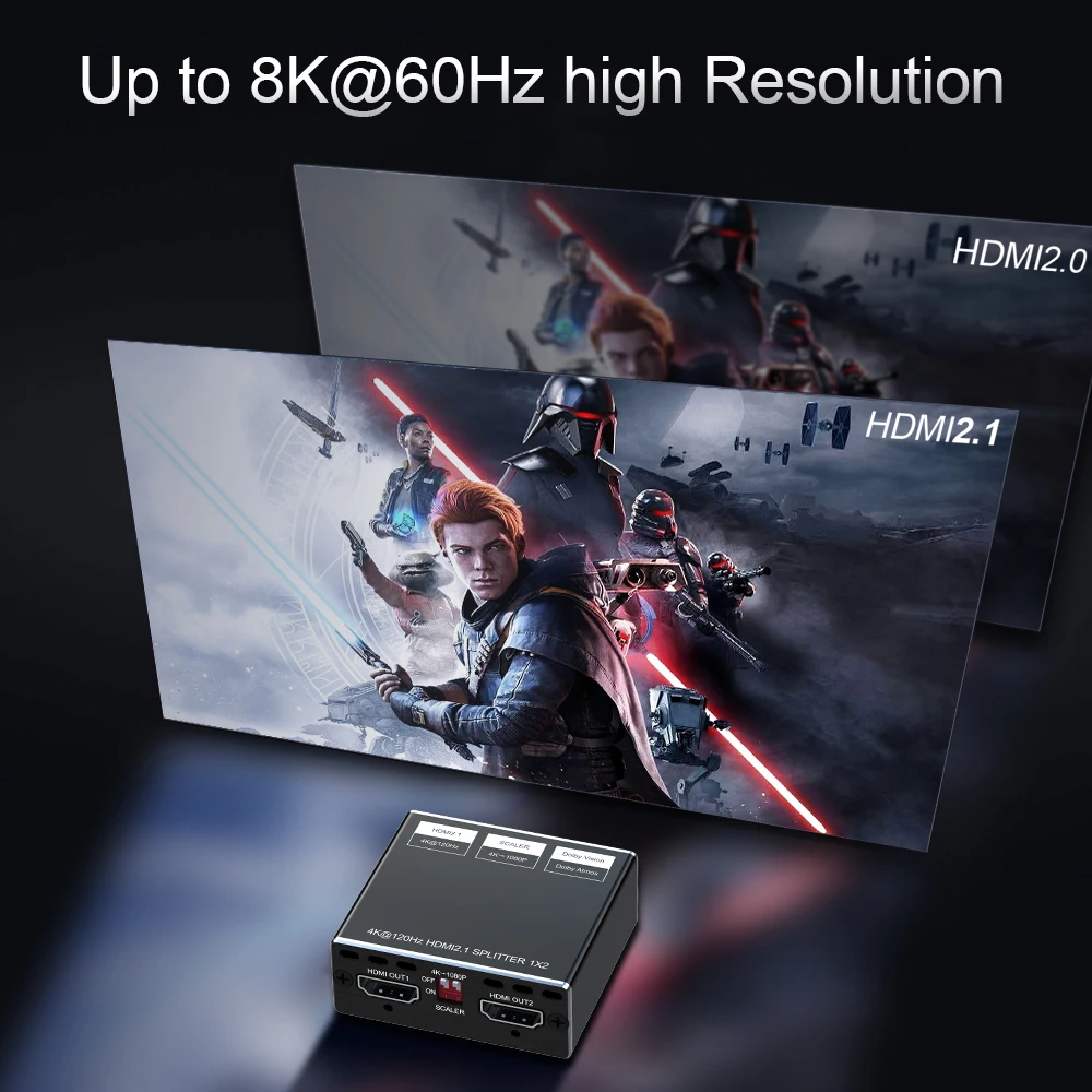 best 8k@60hz hdmi 2.1 splitter arc  audio EDID Copy Downscale Video switcher splitter Box Converter 1 in 2 out hdmi splitter