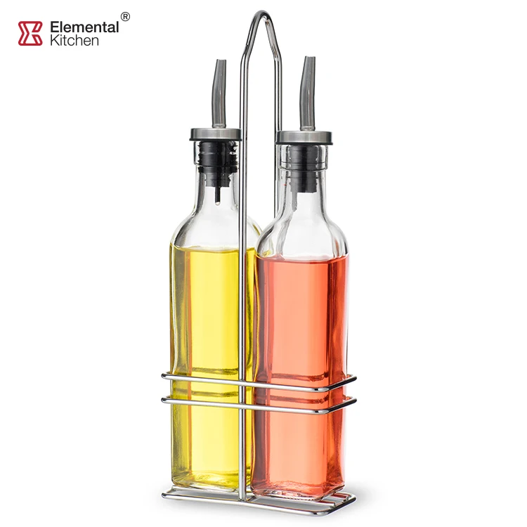 Olive Oil Vinegar Dispensers Set of 3 Glass Bottles for Kitchen transparent glass multi function metal rack