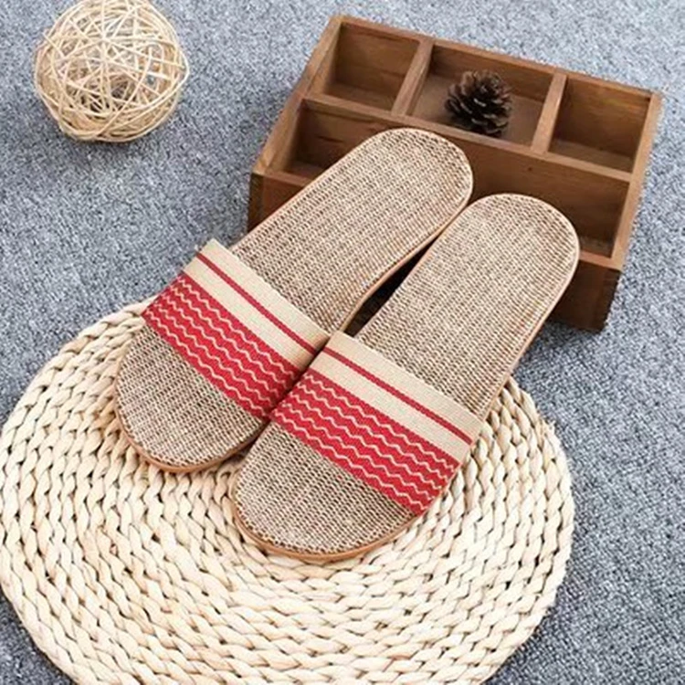 Adult breathable hotel slide sandal personalized flax slipper flat linen slippers
