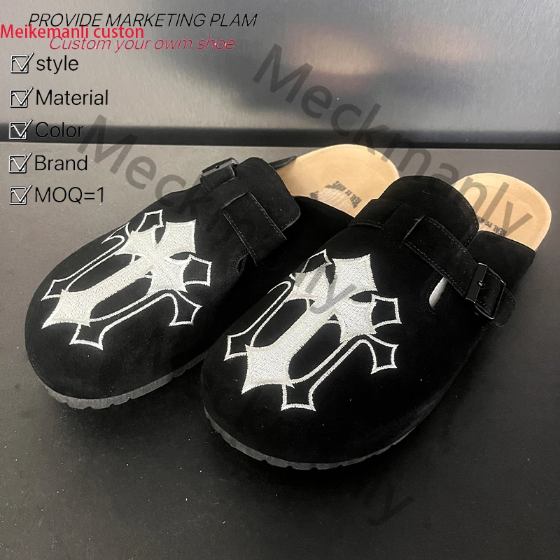 Custom Support Slippers Unisex Size 35-47 Suede Leather Cork Sole Anti Slippery Men Women Mule Clog