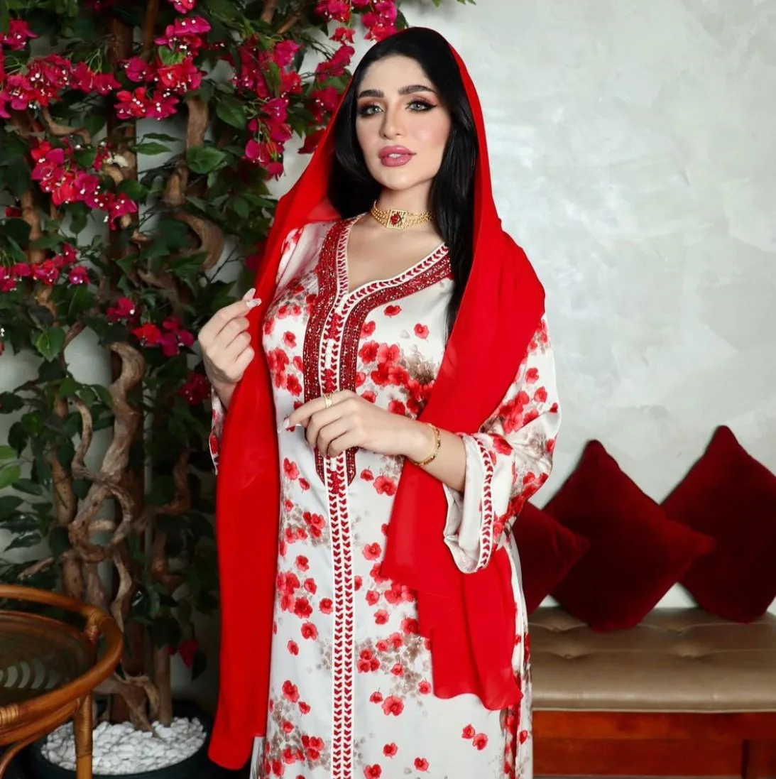 Fashion Islam clothing Arabic women high quality luxury flower print diamond lady Turkey Dubai Muslim women long dress
