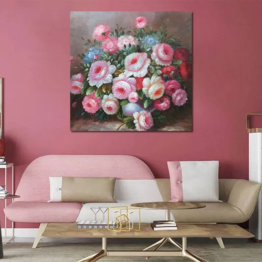 Original Art Modern Canvas Wall Decorative Oil Painting Handpainted Chinese Pink Rose Flower Big Size Flower Paintings