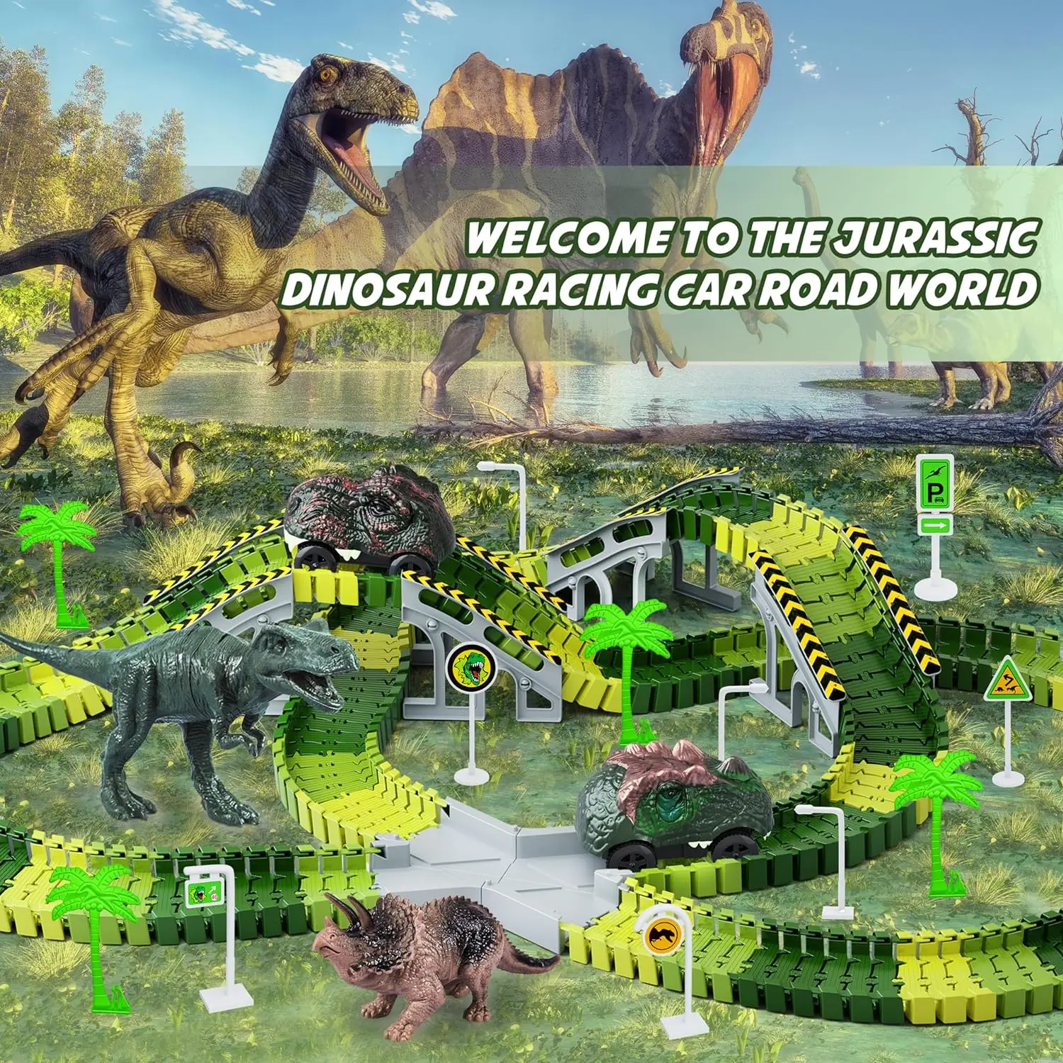 Dinosaur Toys 252pcs Create A Dinosaur World Road Race Flexible Track Play set and 2 pcs Cool Dinosaur car for Boys Girls