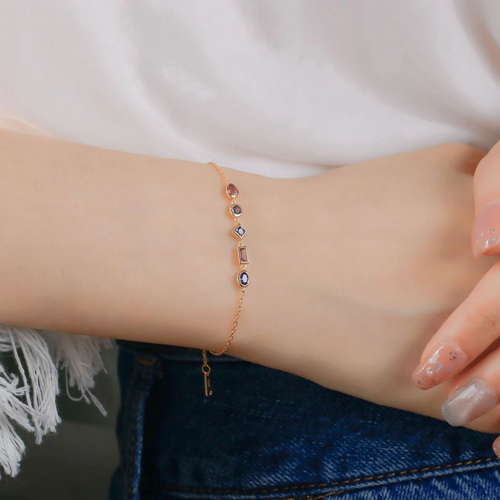 925 браслет из стерлингового серебра 14K позолоченный драгоценный камень геометрической формы кордиерит Аметист танзанит