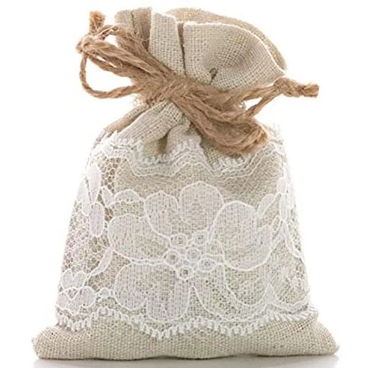 Fast Delivery Custom Logo Calico Small Gift Pouch Bag Linen Cotton Drawstring Bag With Lace For Lady Underwear Children Clothing