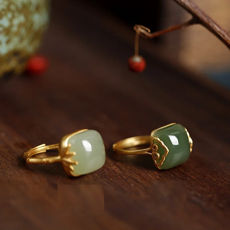 Vintage Elegant Fashion Jade Green Rings Women Adjustable Brass Gold Jade Rings