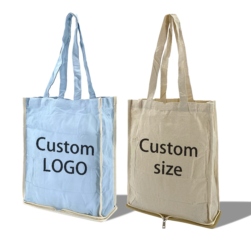 Custom logo Blank Reusable Portable Folded Zipper Linen Pocket Beige Cotton Canvas Gift Tote Shopping Bag for Supermarket