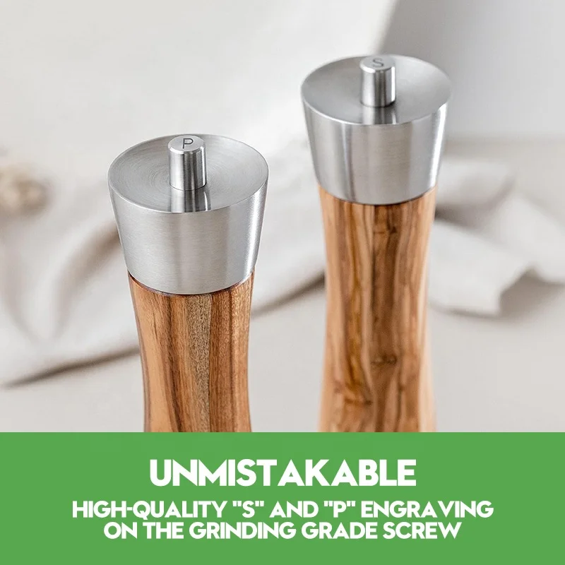 Custom Acacia Wood & stainless steel spice mills wood salt and pepper grinder mill with saucer and spoon