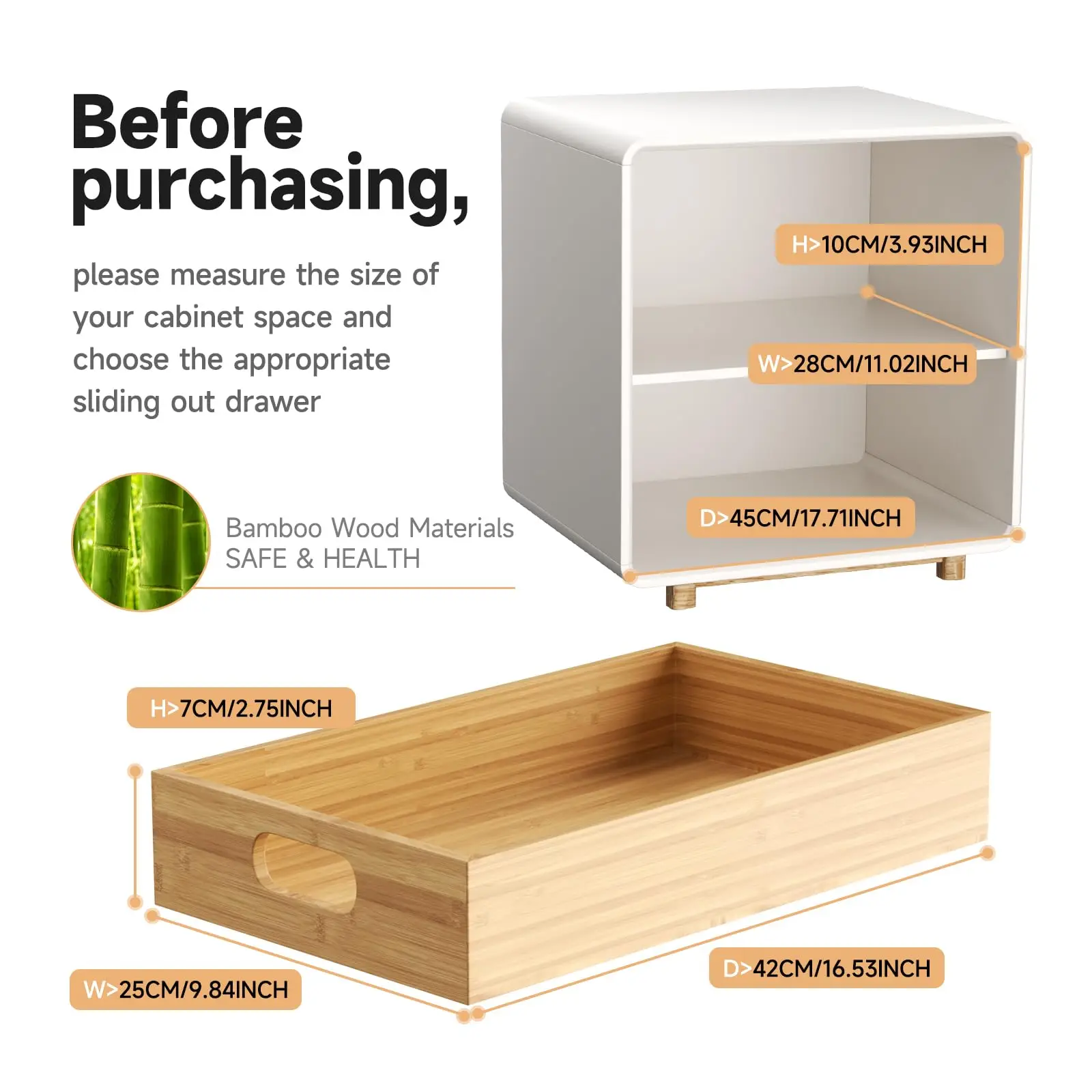 Pull Out Cabinet Organizer, Bamboo Wood Slide Out Drawers for Kitchen Cabinets, Adhesive Nano Film Shelves Drawers for Home
