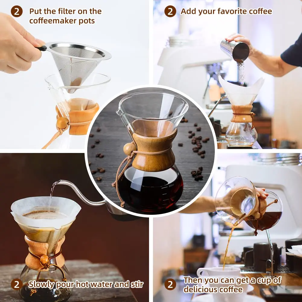 Pour over coffee maker borosilicate glass server portable pot kettle with permanent stainless steel filter for travel camping