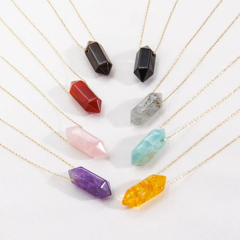 Top Drilled Holes Mini Crystal Points Necklaces Double Point Pencil Pendant Jewelry Stainless Steel Gold Necklace For Gift