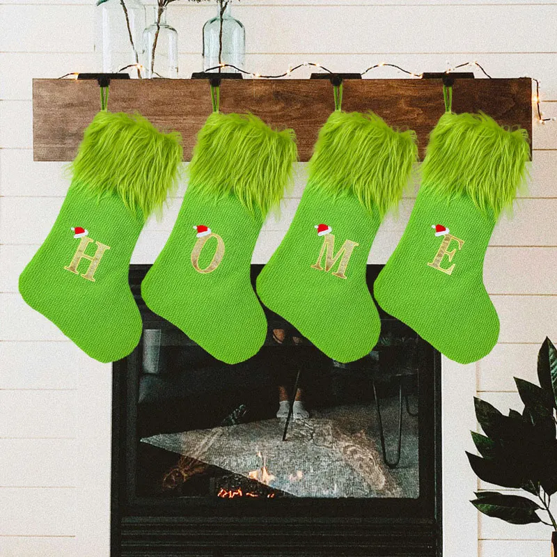 2024 Most popular Christmas decorations Xmas pendant gift bag A-Z family name initial embroidered knit green Christmas stockings