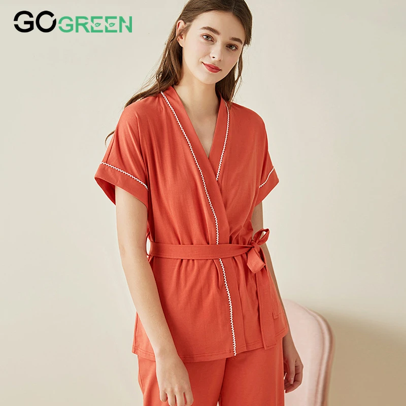 Custom Viscose From Bamboo Recycled Bamboo Pajama Soft Robe And Pant Pajamas Set For Women