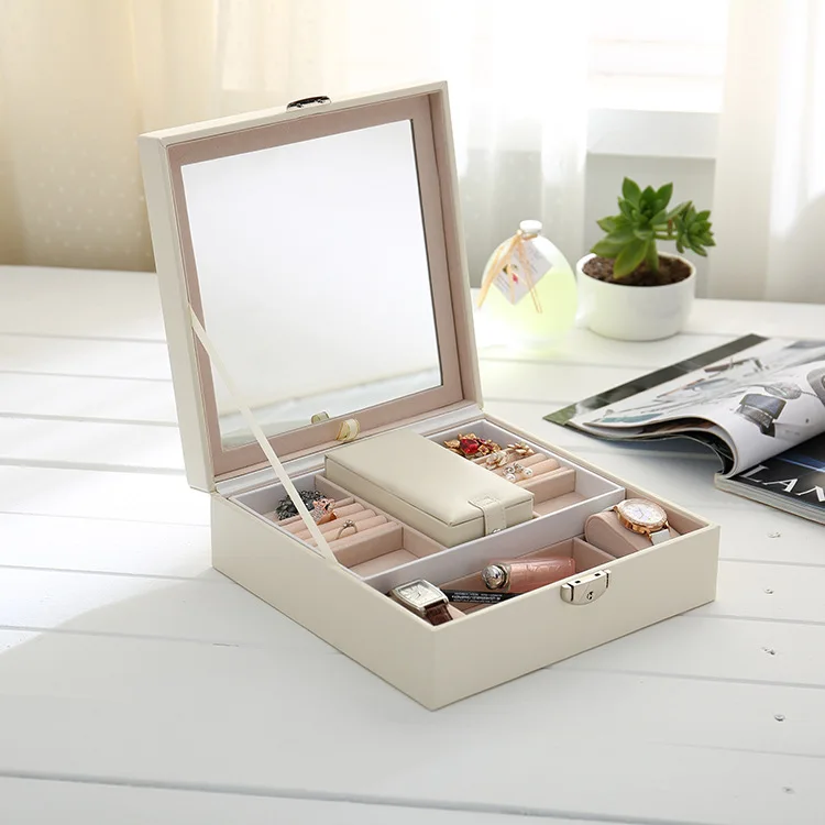 Leather Travel Makeup And Jewelry Display Removable Vanity Mirror Jewelry Case With Metal Lock