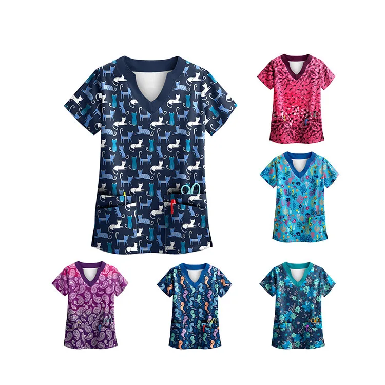 Wholesale hospital scrubs uniform medical top shirt printed nursing scrubs