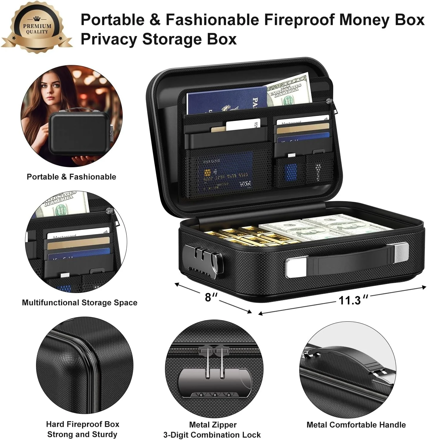 Hard Case Fireproof Box With Lock Hard Shell Design Fireproof Water Resistant Portable Safe Box for Document 11.3x8x4 Inches