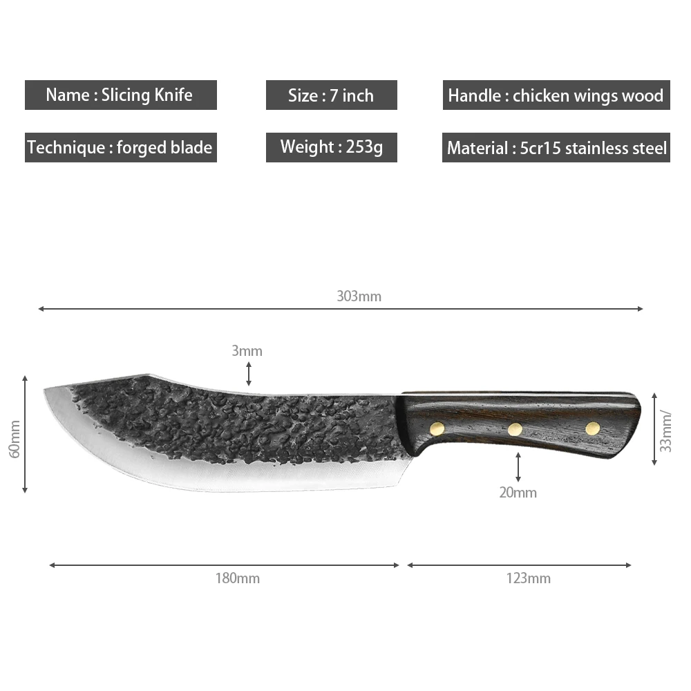 Xingye Sharp 7 Inch Kitchen Knife 5CR15 Forged Hammered Slaughter Knife Wenge Wood Handle Cleaver Long Knife Outdoor