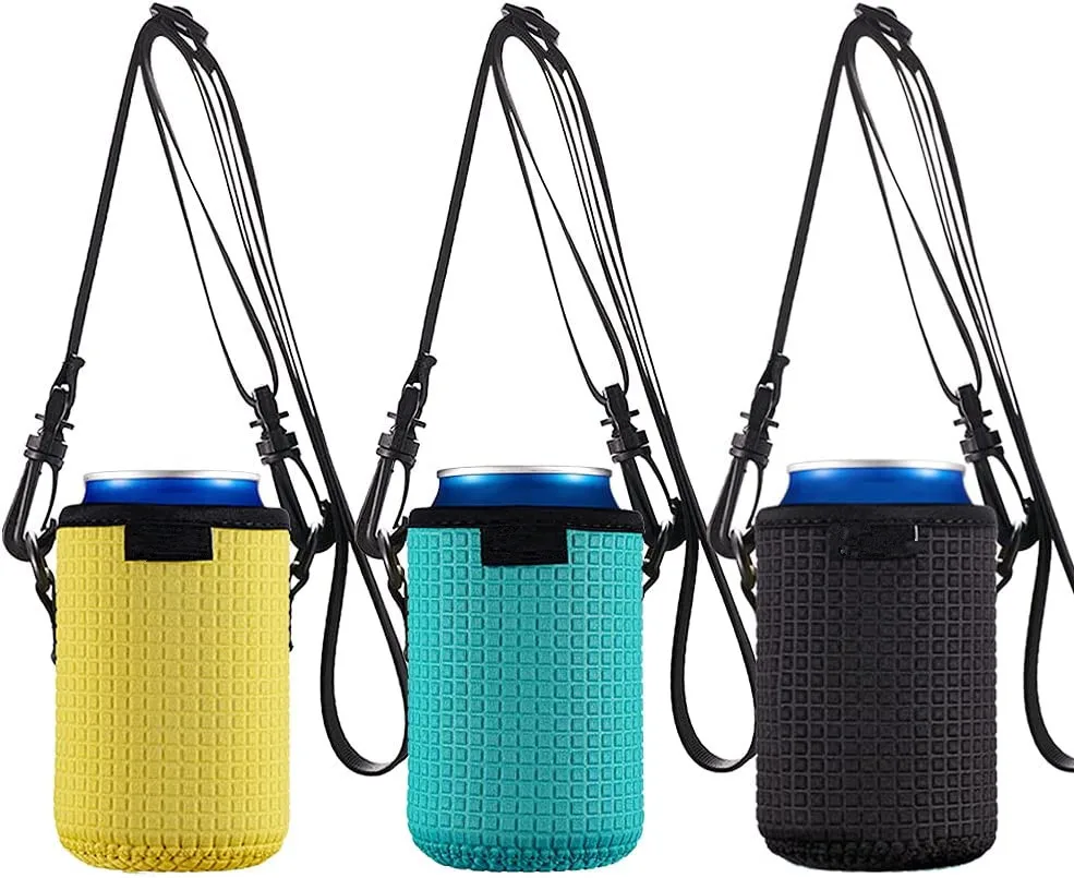 custom logo 12 oz stubby holder neoprene crossbody sling can cover cooler sleeve beer bottle coozies with neck strap lanyard