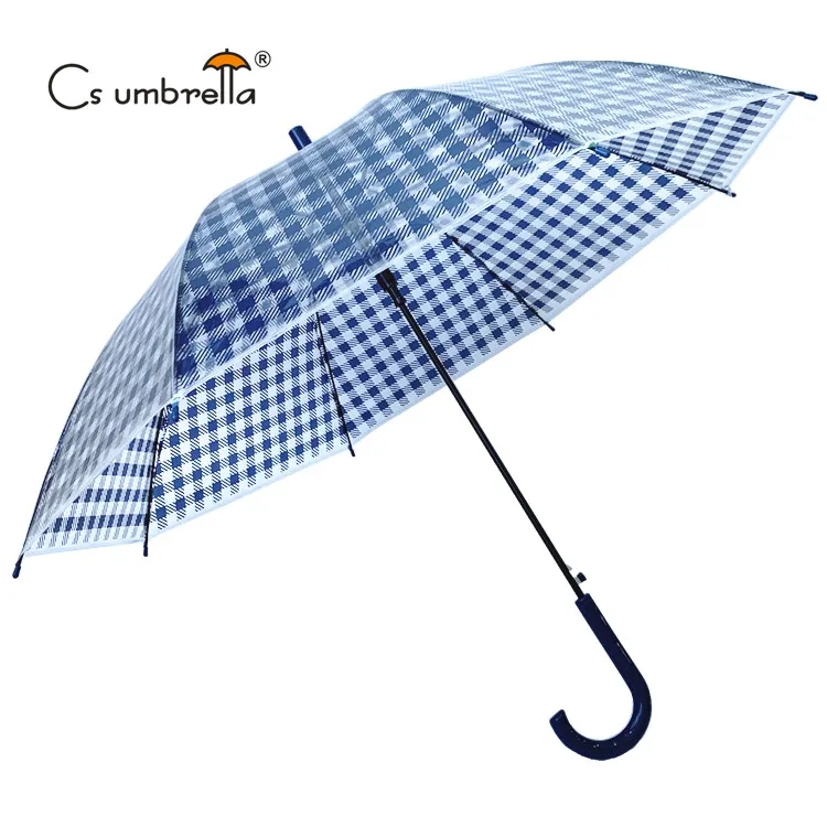 YS-1160 Hot Sale Cheap Clear Transparent Plastic J Handle Auto Open Umbrella Plaid Check Custom Printing POE Umbrella