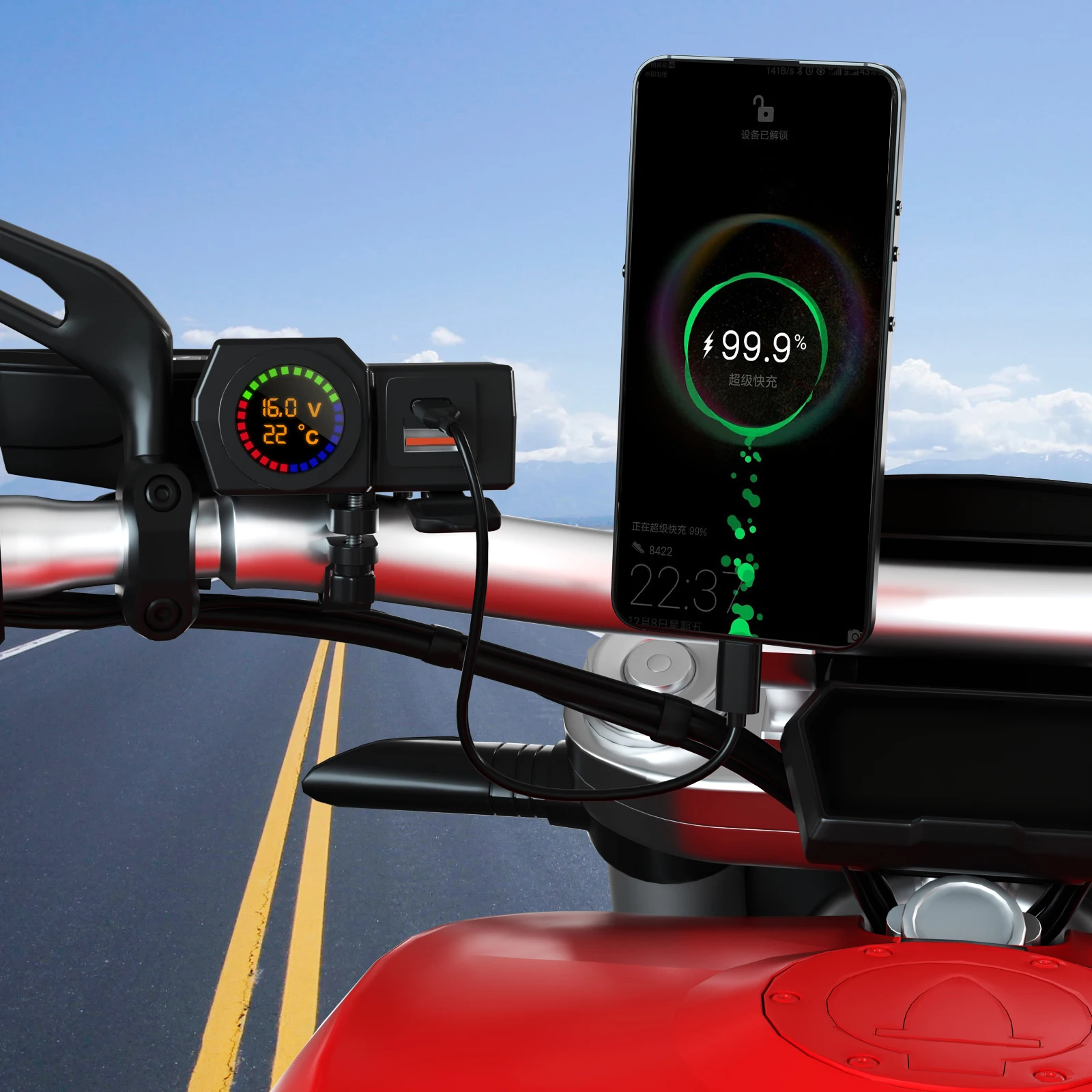 2023 new arrivals ON OFF QC3.0 Socket Voltmeter waterproof Motorcycle dual USB Charger USB Type C Charger For Marine Bus Truck