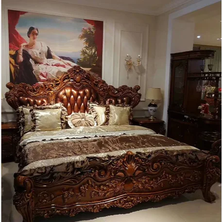 home furniture European Italian classical handmade wooden carved flowers genuine leather royal luxury bedroom set