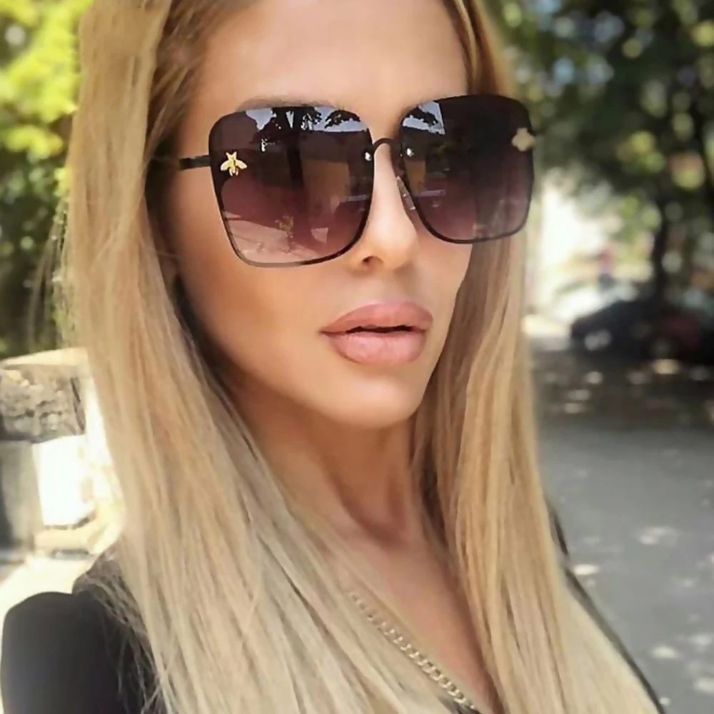 Fashion Square Bee Sunglasses Luxury Women Men Retro Brand Designer Metal Frame Oversized Sun Glasses