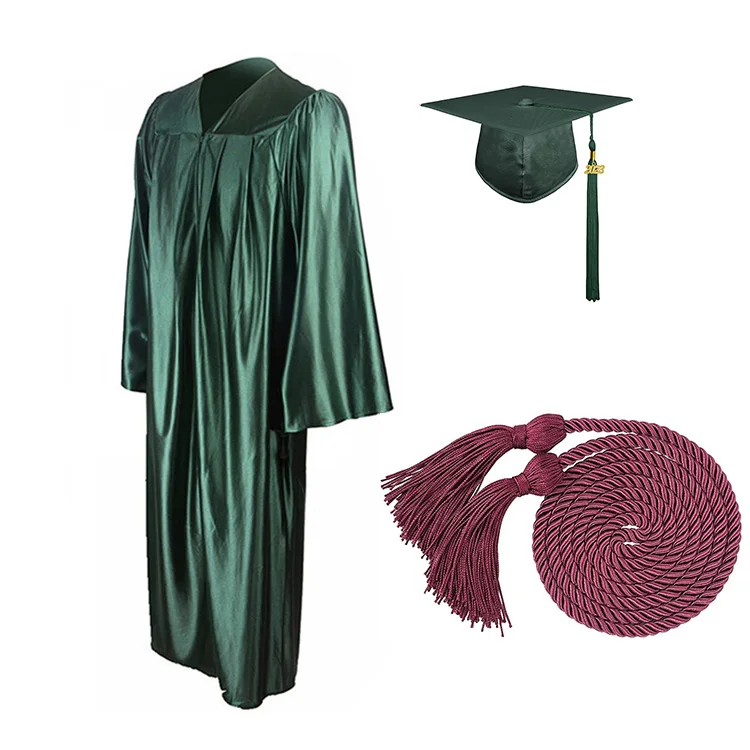 Good Selling Customized Shiny Green Academic College Graduation Gowns and Caps