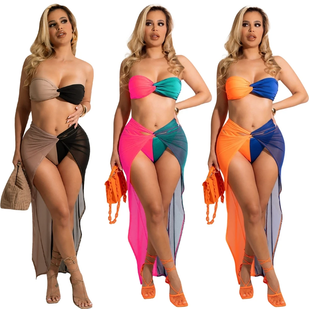 EB-202 Wholesale Sexy Women Swimwear Three Piece Bikini Set Patchwork Swimsuit Mesh Cover Ups 3 Piece Women Bikinis Set Clothing
