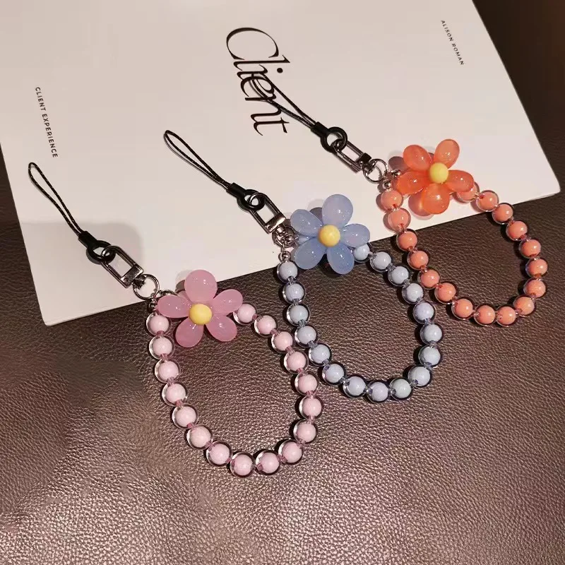 Handmade Crystal Bead Bracelet Phone Lanyard Phone Charms key Chain  Flower Mobile Phone Chain Wrist Straps Trendy Girl Keychain