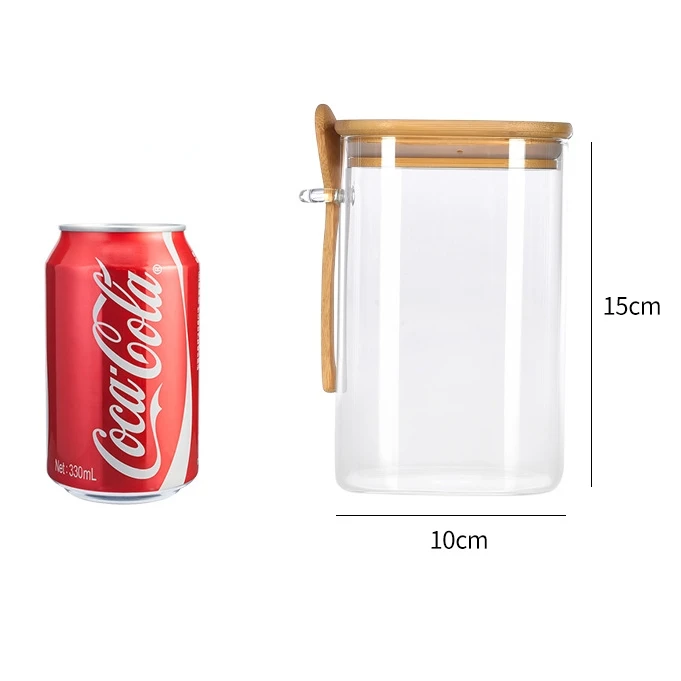 Transparent Glass Household Food Storage Jars with Bamboo Wood Lid Spoon for Salt Sugar Spice Pepper Seasoning for Hotels