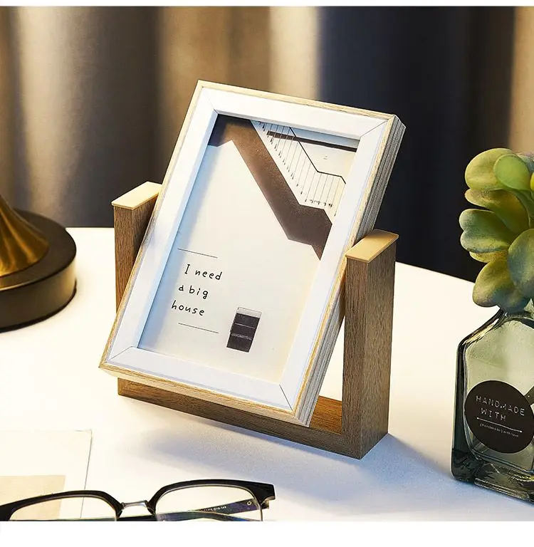 Nordic Simple Double-Sided Dual-Purpose Wooden Photo Frame Bedroom Home Decor Mirror Piece