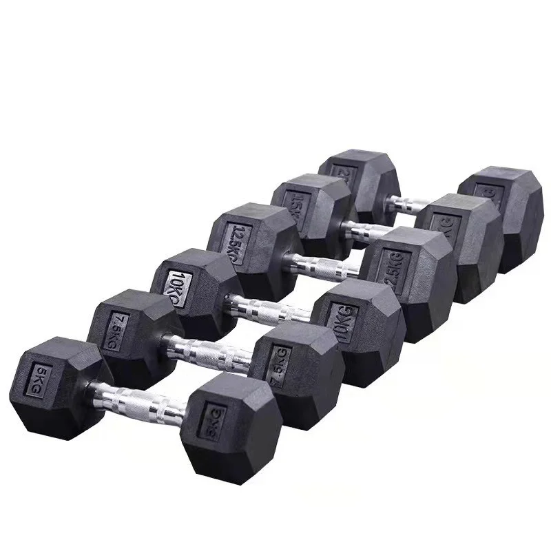 Wholesale China Manufacturer Custom Free Weight Gym 3-100 LB 1-60 KG Set Metal Handle Cast Iron Rubber Hex Hexagon Dumbbell