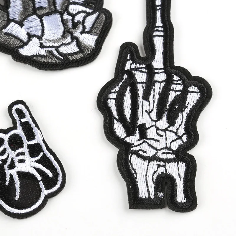Customer Woven Iron on Skeleton Hand Embroidery Patch Punk Embroidery Skull Patches Embroidered for Clothing