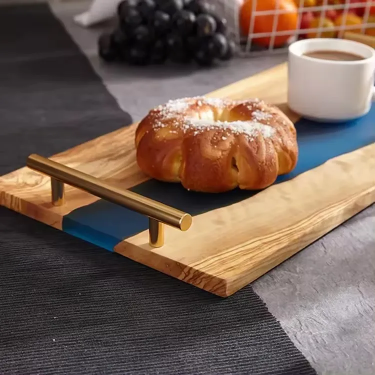 Epoxy Wood Resin Tray Home Olive Wood and Resin Serving Trays with Metal Handle Kitchen Fruit Bread Steak Board Cutting Board