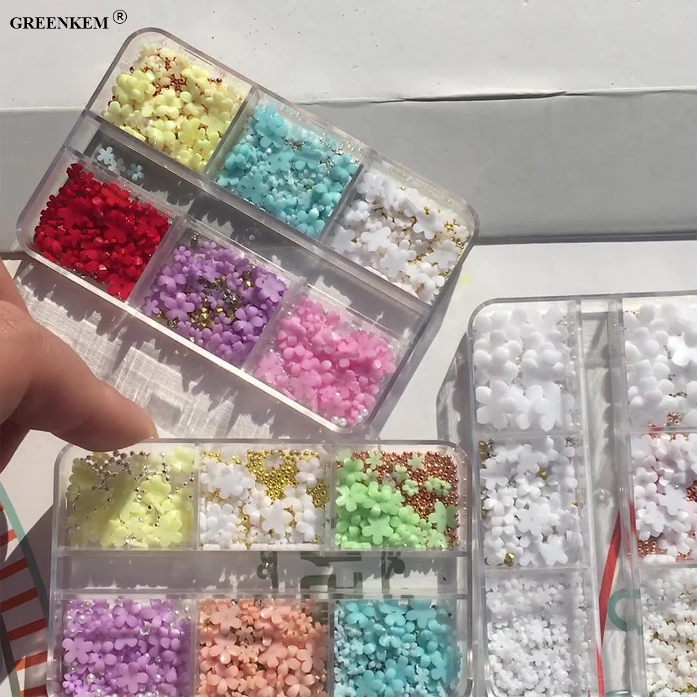 6 grid 3D Resin Five Petals Flower Candy Colorful Mixed Size Flower Decals Kit Nail Art Decoration